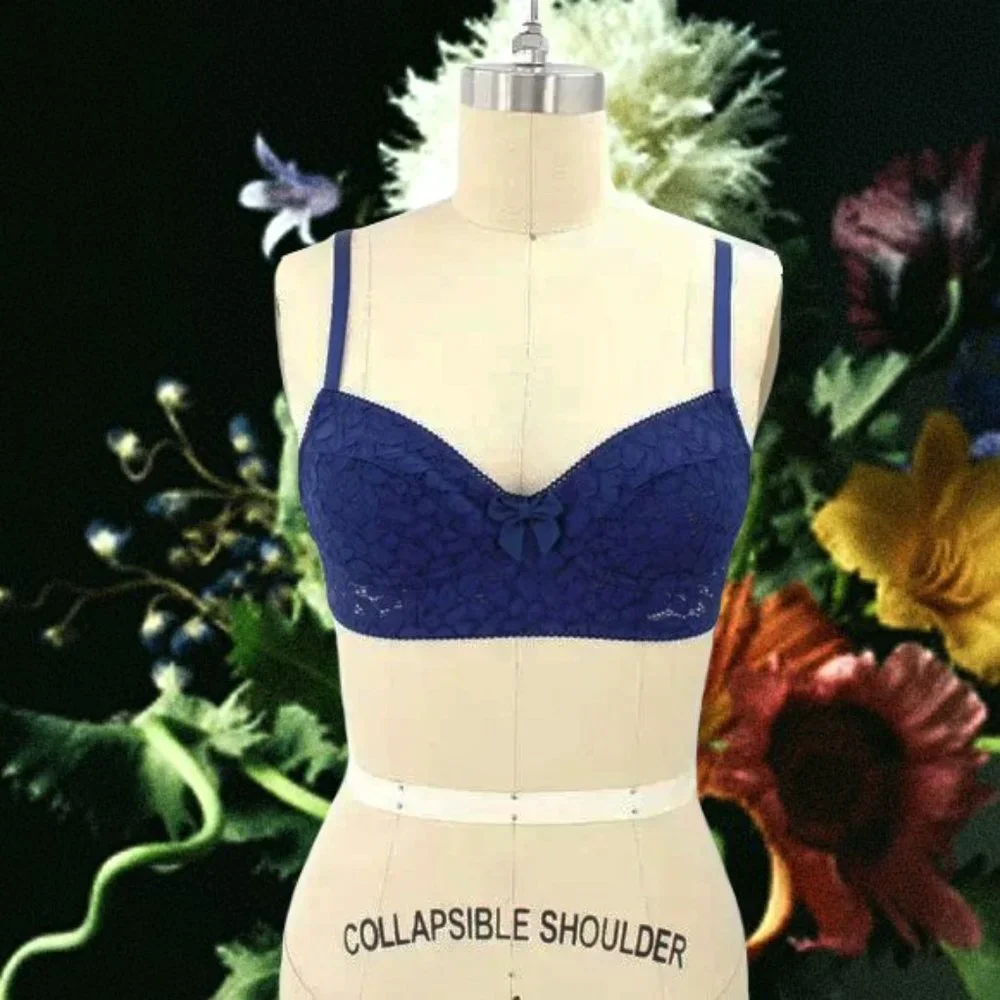 VTG 1970s Blue Lace Bra Sheer Floral Lingerie Adj. Hook Eye 28AB XS/S Unlined - Picture 2 of 8